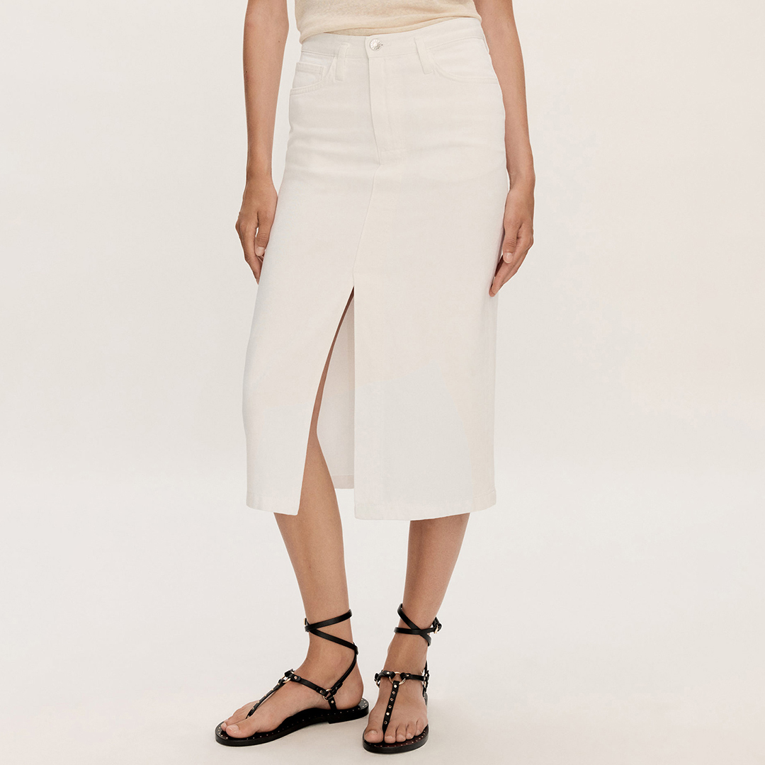 White Split Denim Midi Skirt