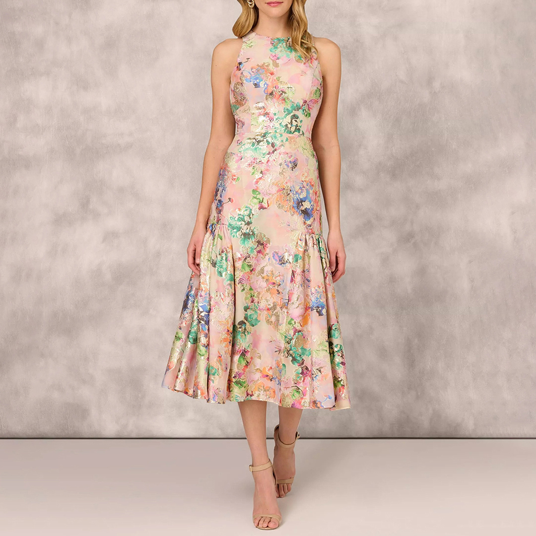 Adrianna Papell Pink Floral Jacquard Midi Dress - Size 10