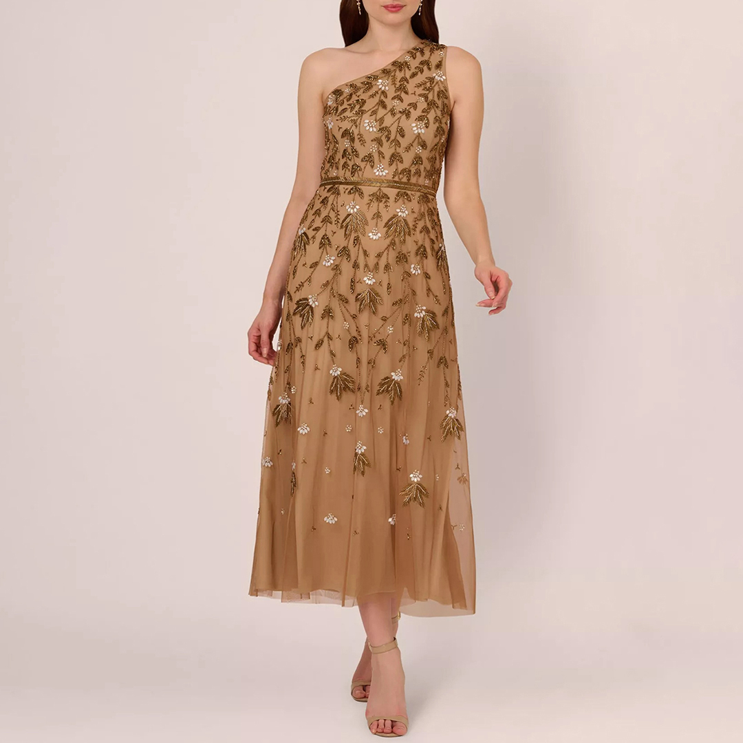 Adrianna Papell Gold Beaded Midi Dress - Size 6