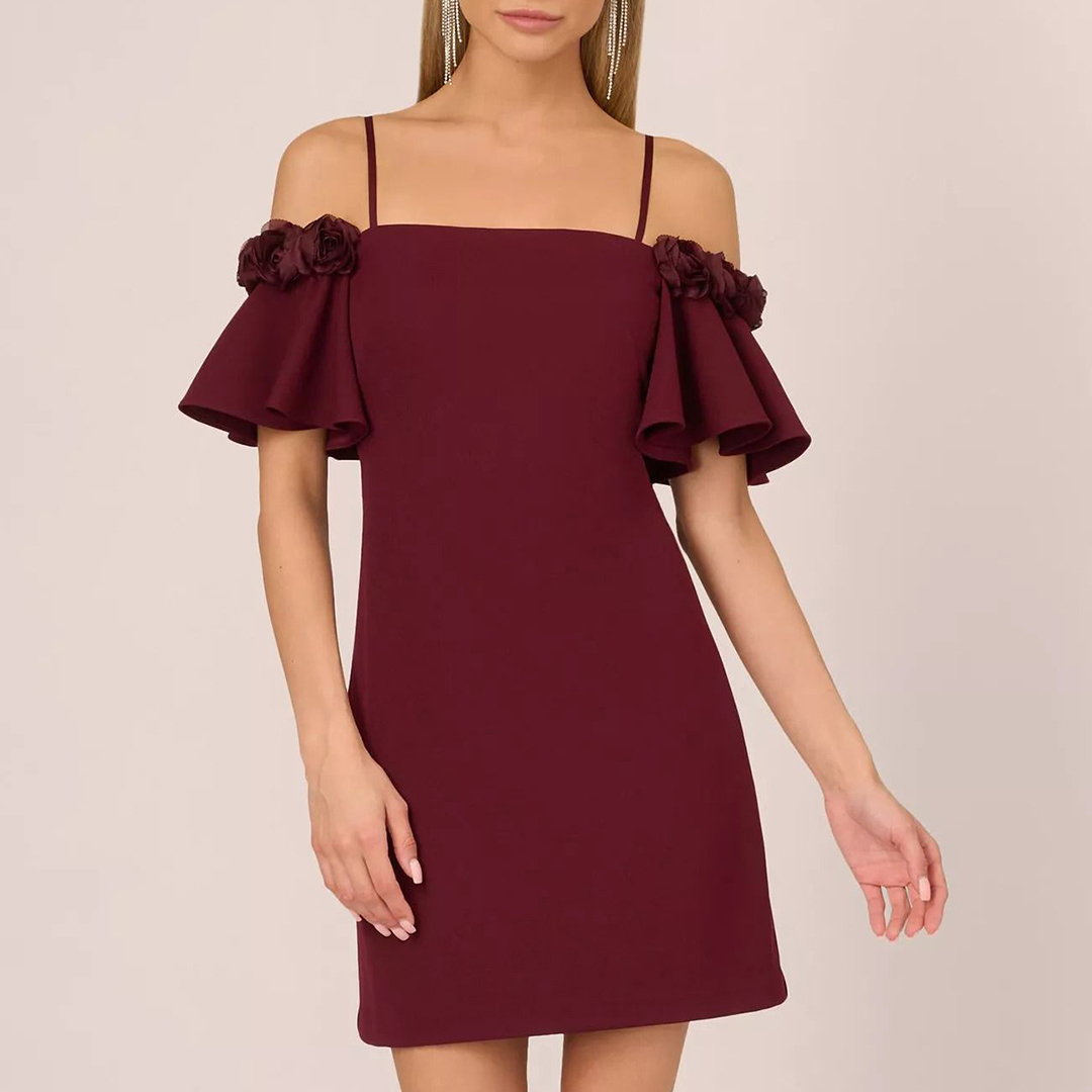 Adrianna Papell Merlot Off Shoulder Mini Dress - Size 16