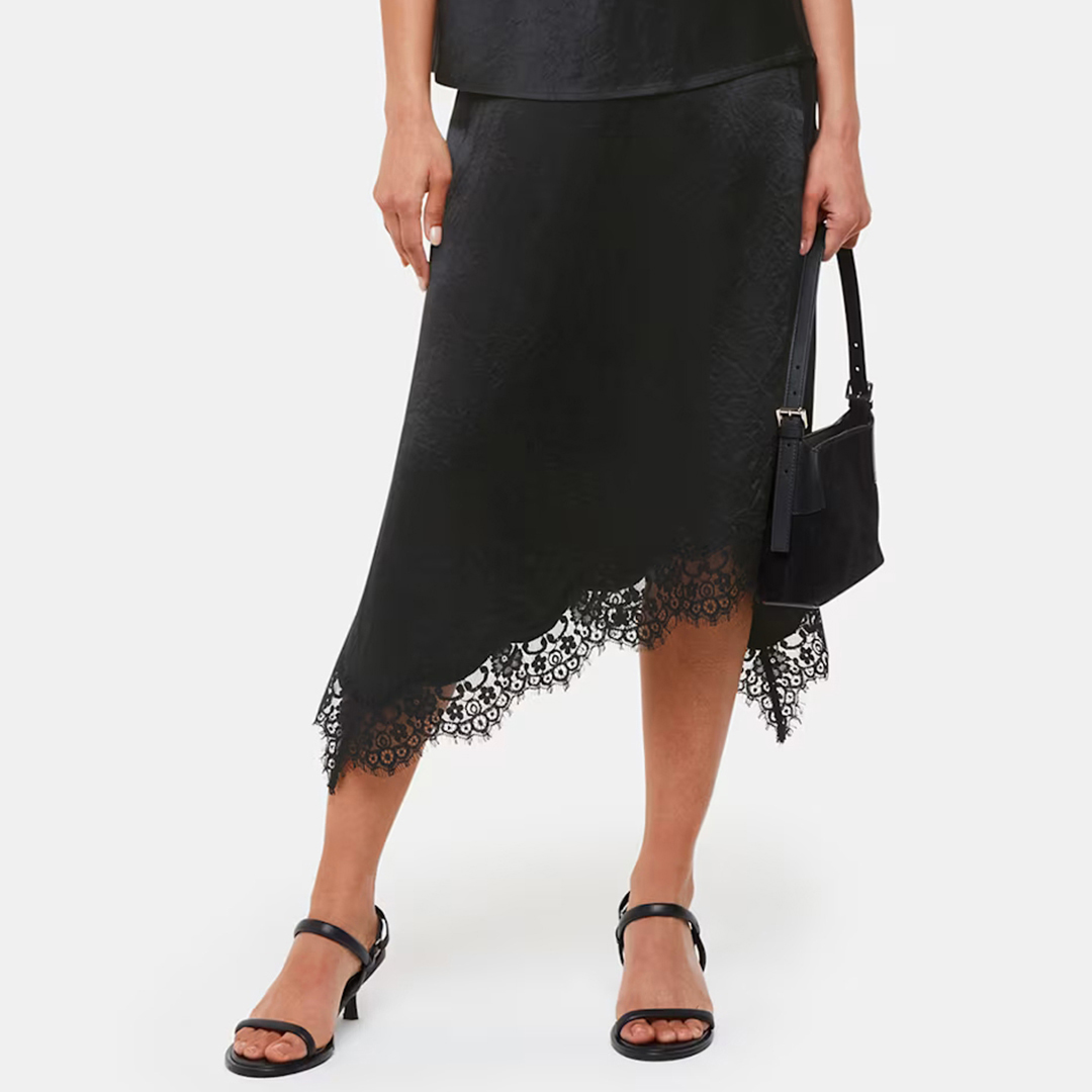 Black Lace Trim Midi Skirt