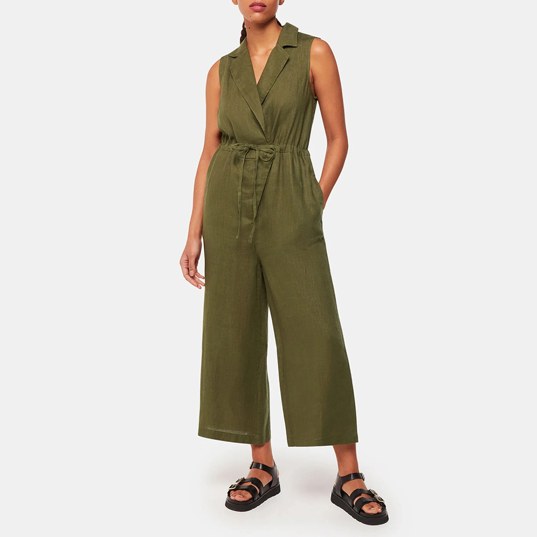 Khaki Bella Linen Wrap Jumpsuit
