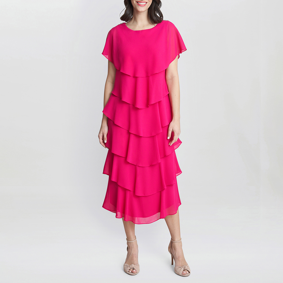 Fuschia Tessa Flutter Tiered Midi Dress