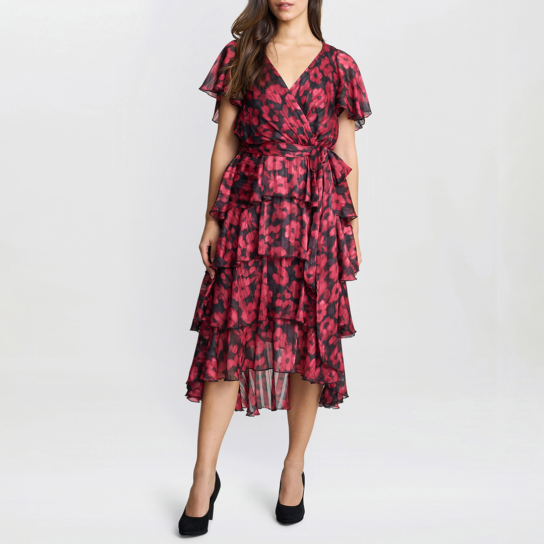 Black/Red Lottie Tie Waist Tiered Dress