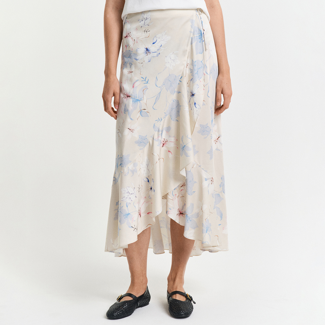 Yellow Floral Print Wrap Frill Skirt