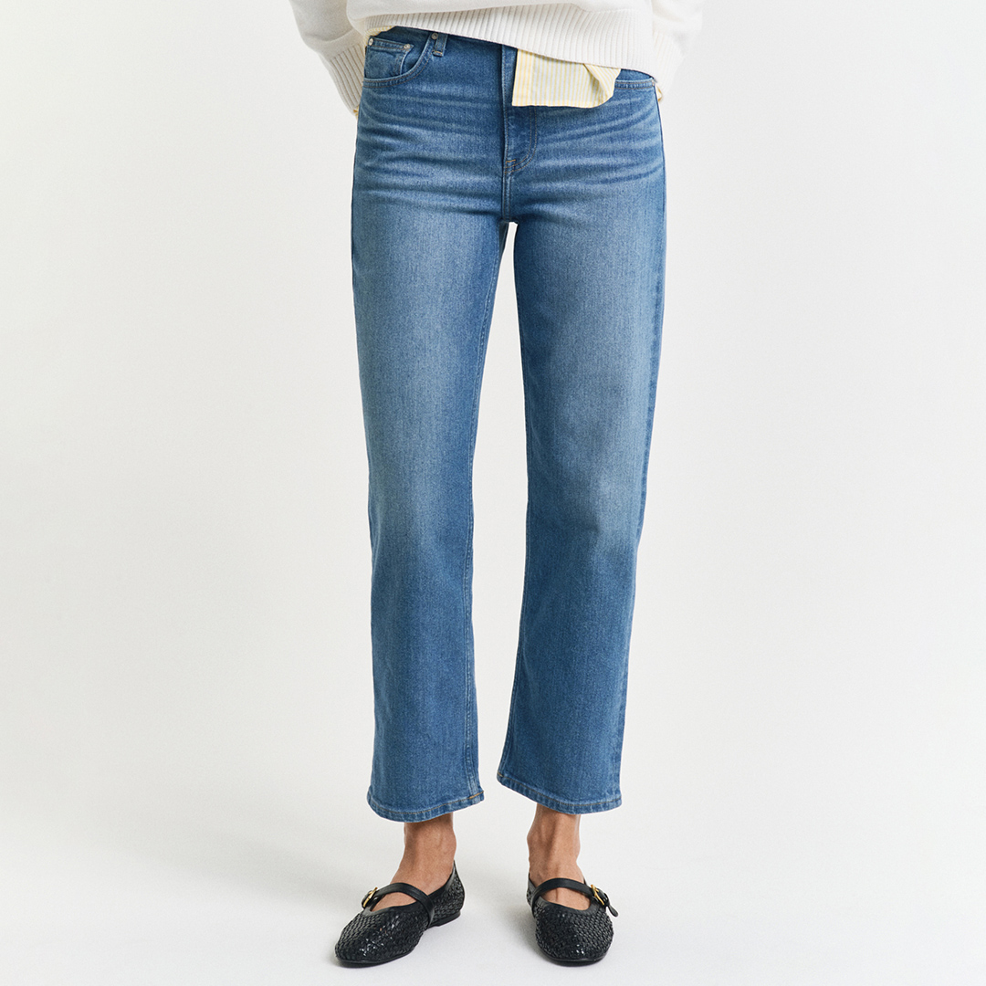 Mid Blue Cropped Straight Stretch Jeans
