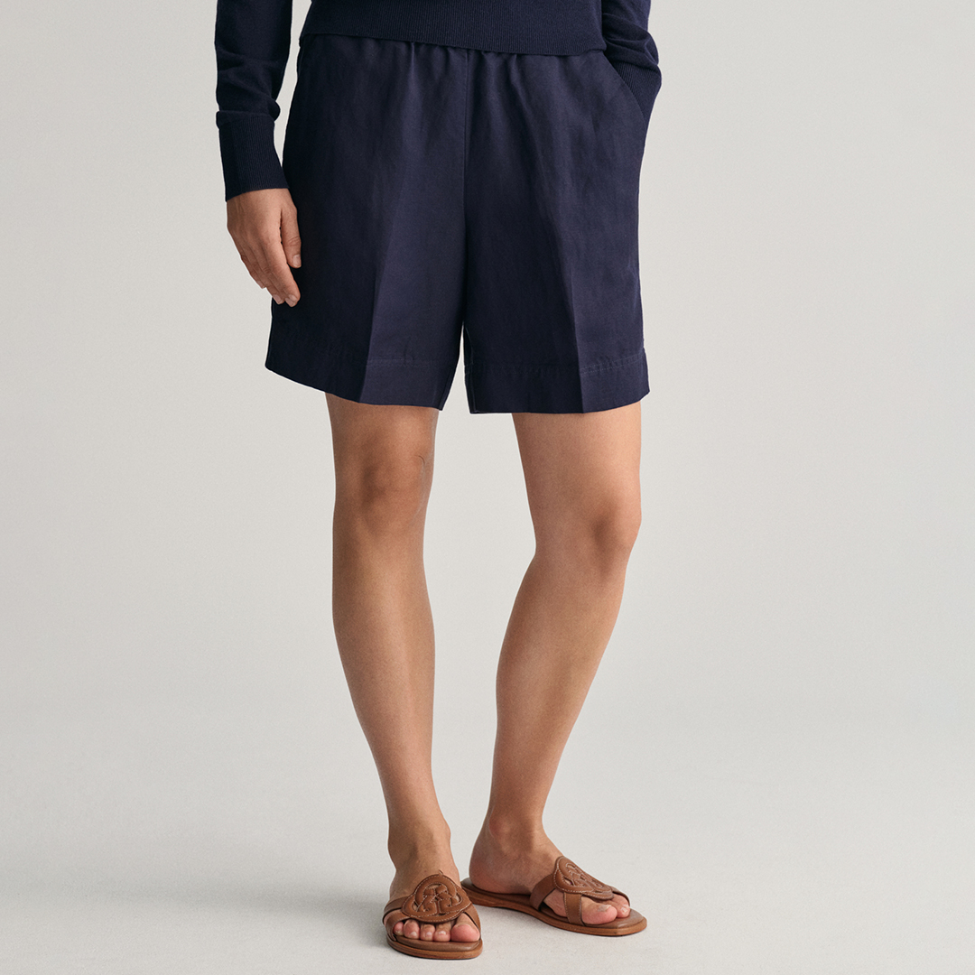 Navy Linen Blend Pull On Shorts