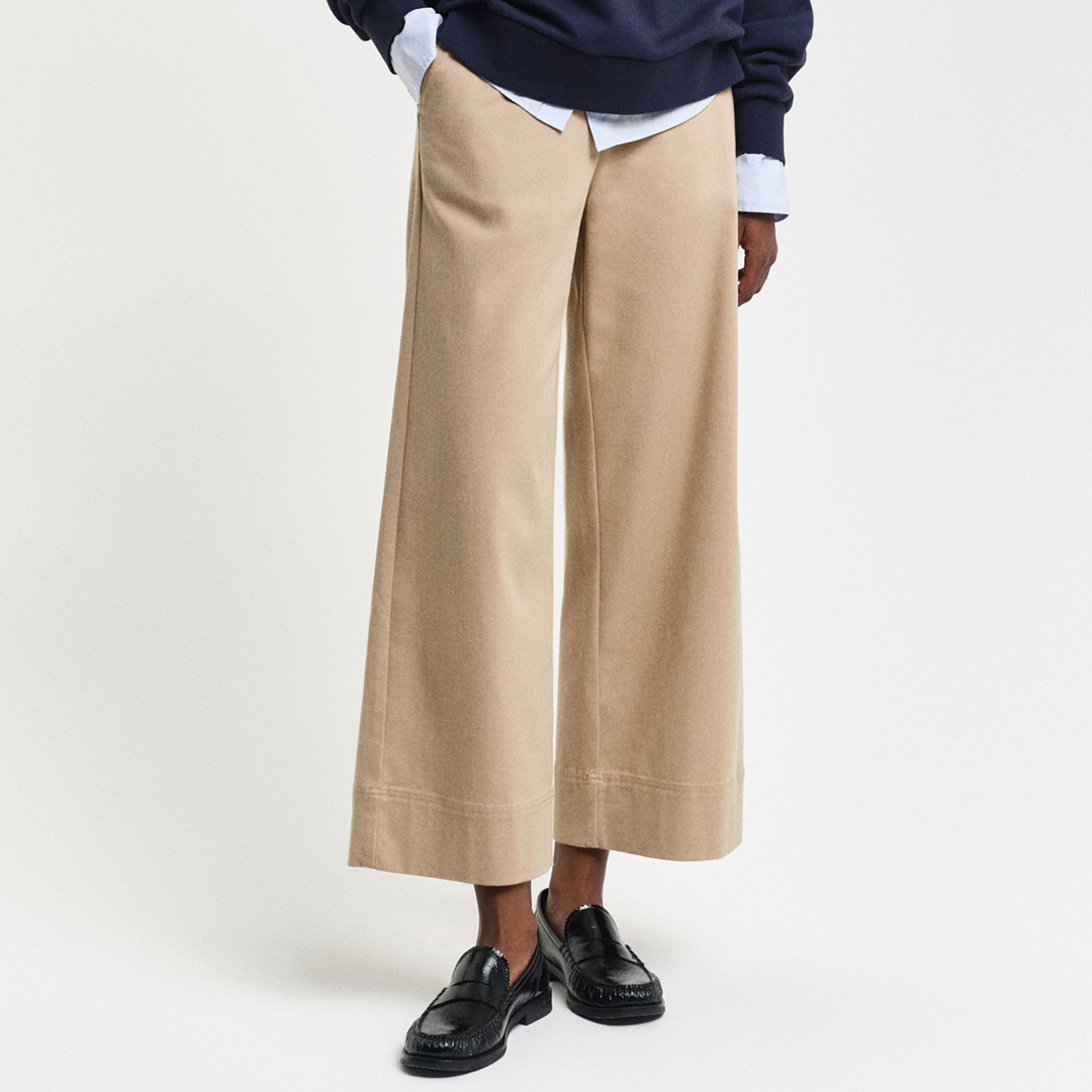 Beige Wide Leg Cropped Cotton Trousers