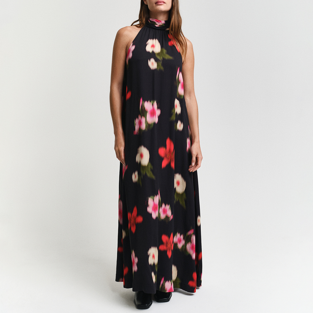 Black Floral Print Halterneck Maxi Dress