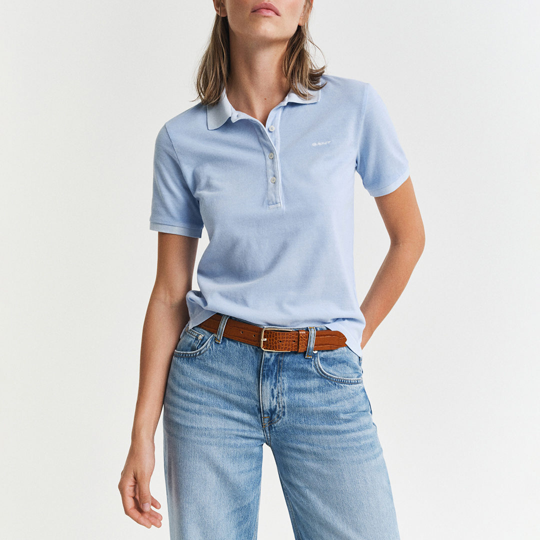 Pale Blue Sunfaded Cotton Pique Polo Shirt