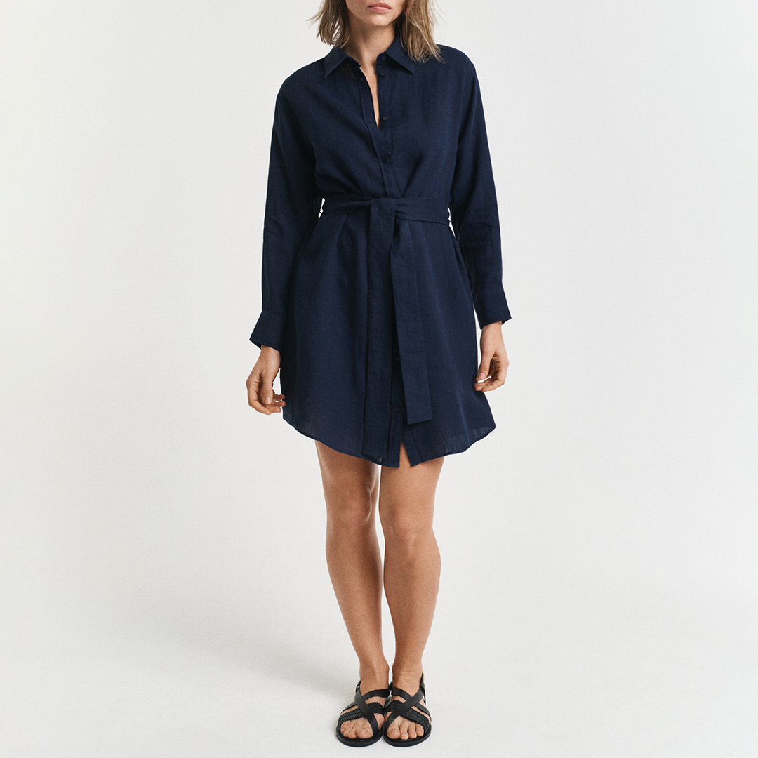 Navy Linen Belted Shirt Dress