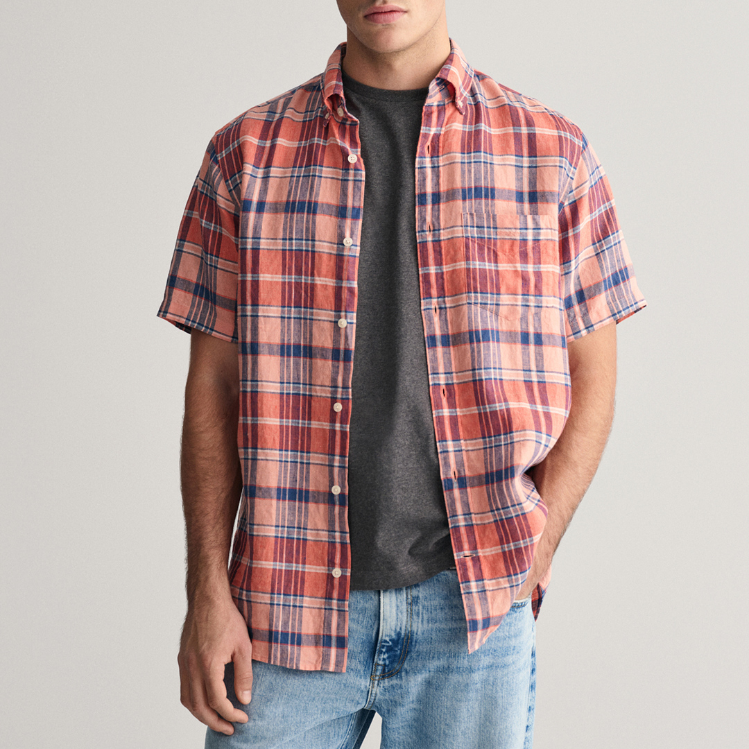 Pink Checked Linen Short Sleeve Shirt