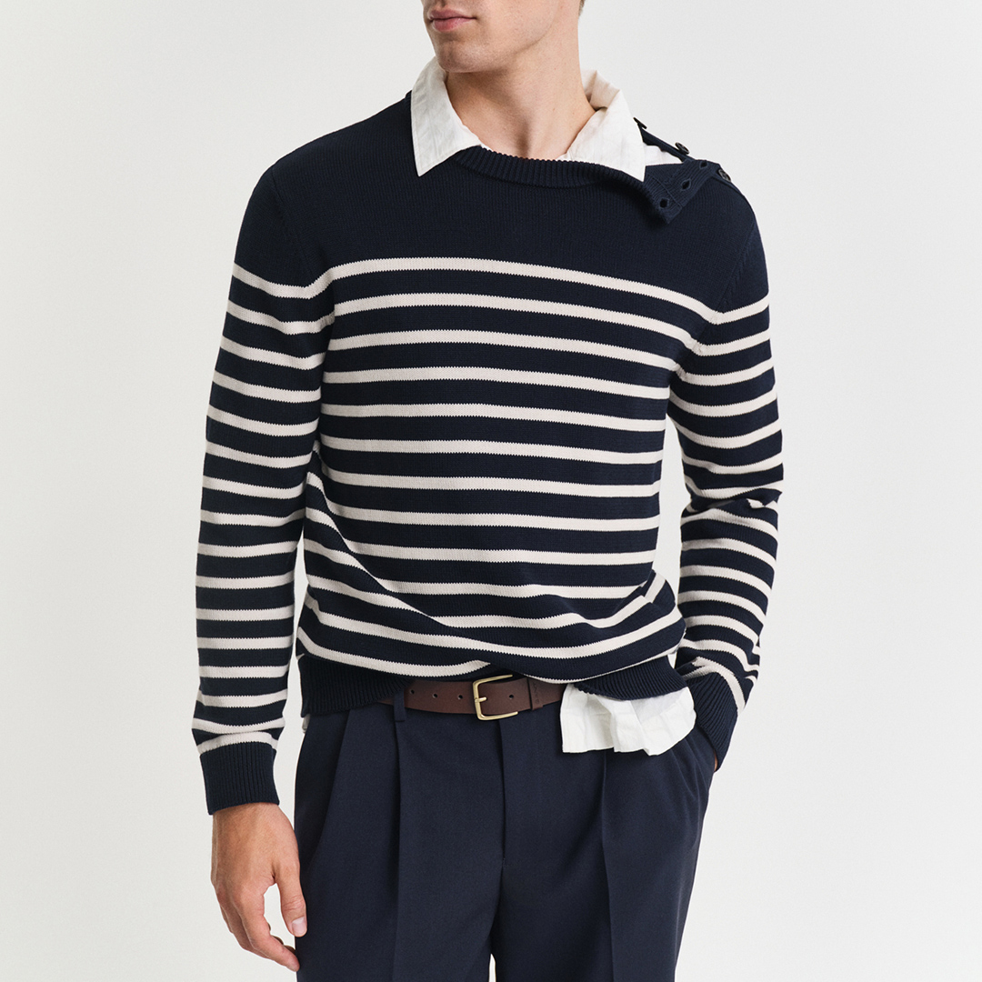Navy Striped Buttoned Cotton Jumper