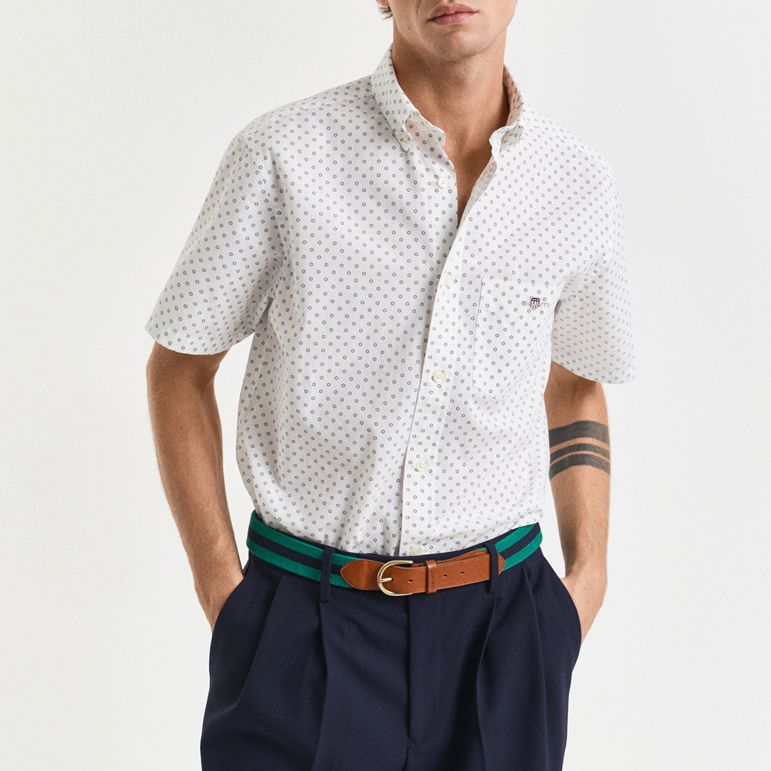 White Micro Print Short Sleeve Shirt