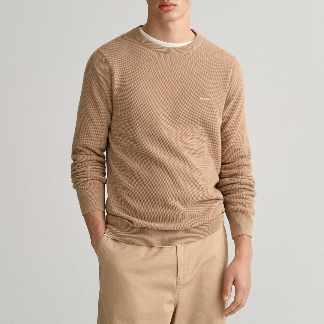 Gant Men's  Camel Cotton Pique Crew Neck Jumper in Size XL, BrandAlley