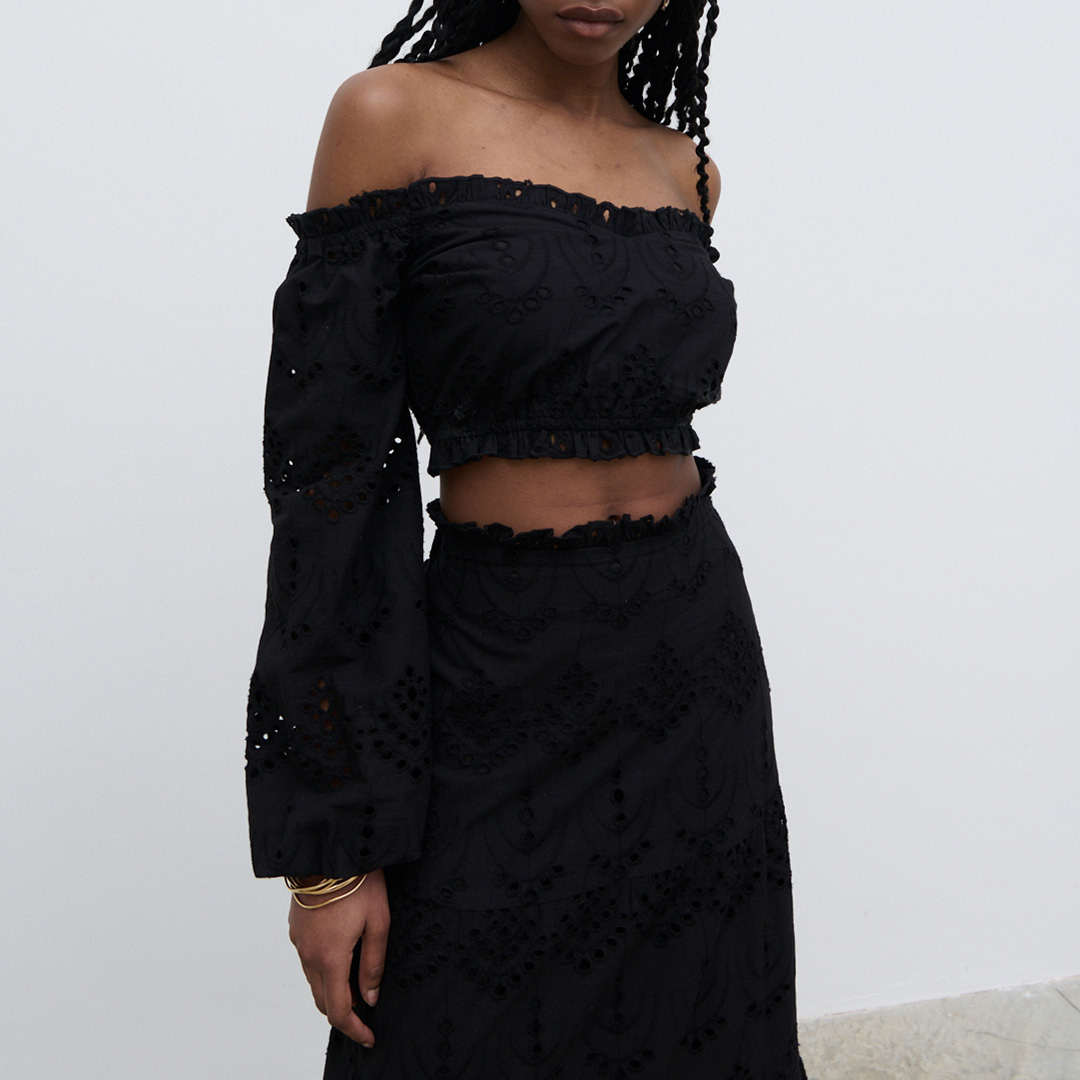 Black Lilla Broderie Cropped Top