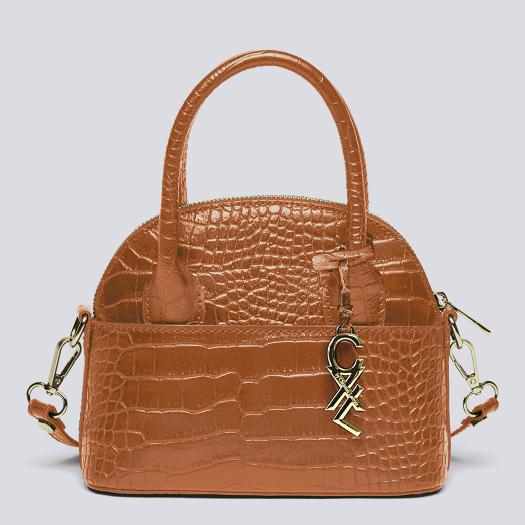 Cognac Small Croco Leather Bowling Bag Bel-Air