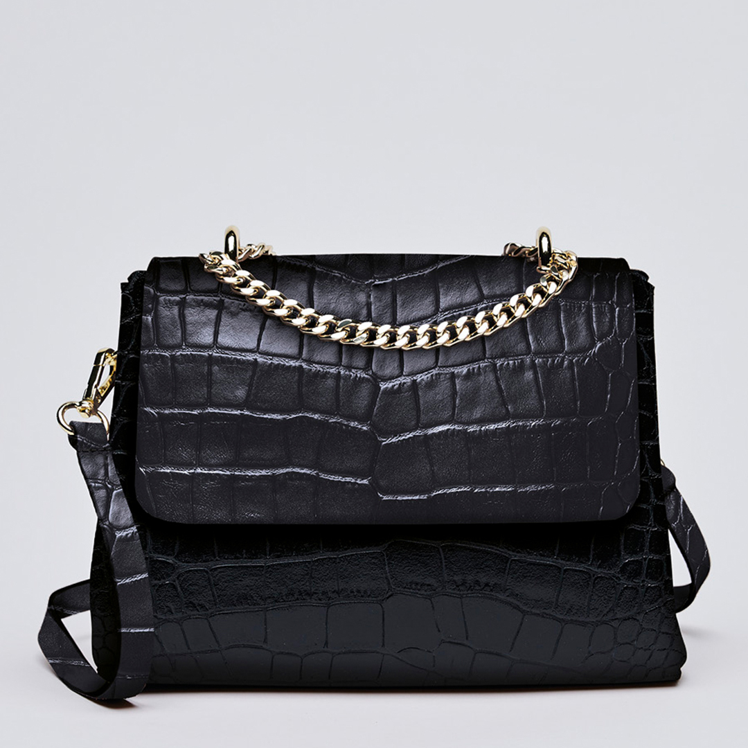 Black Croco Leather Crossbody Bag Cremieux