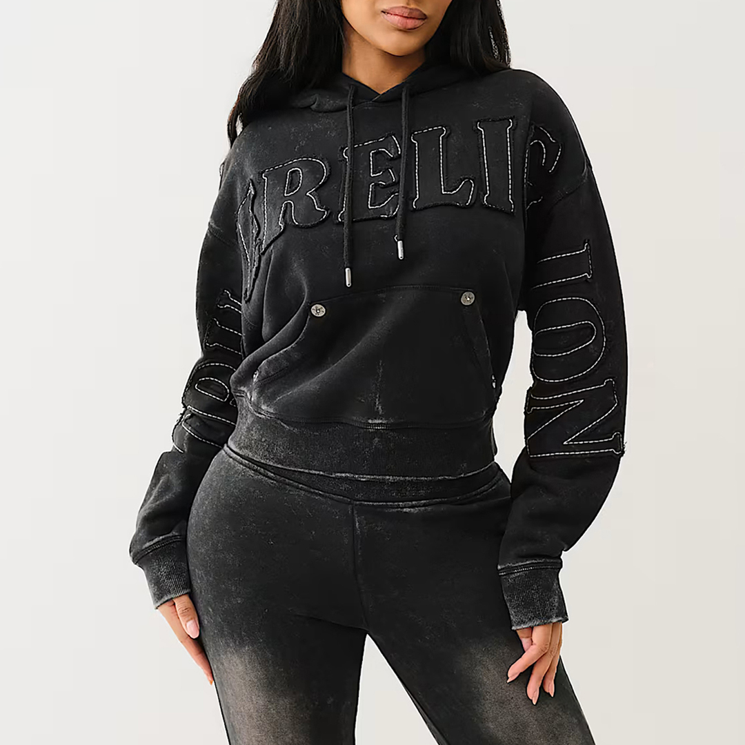 Black Vintage Wash Cinched Logo Hoodie