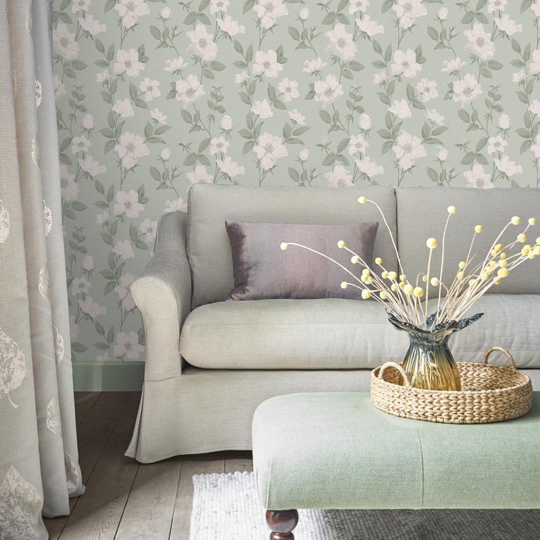 Laura Ashley    Green Fleurir Smoke Wallpaper , BrandAlley