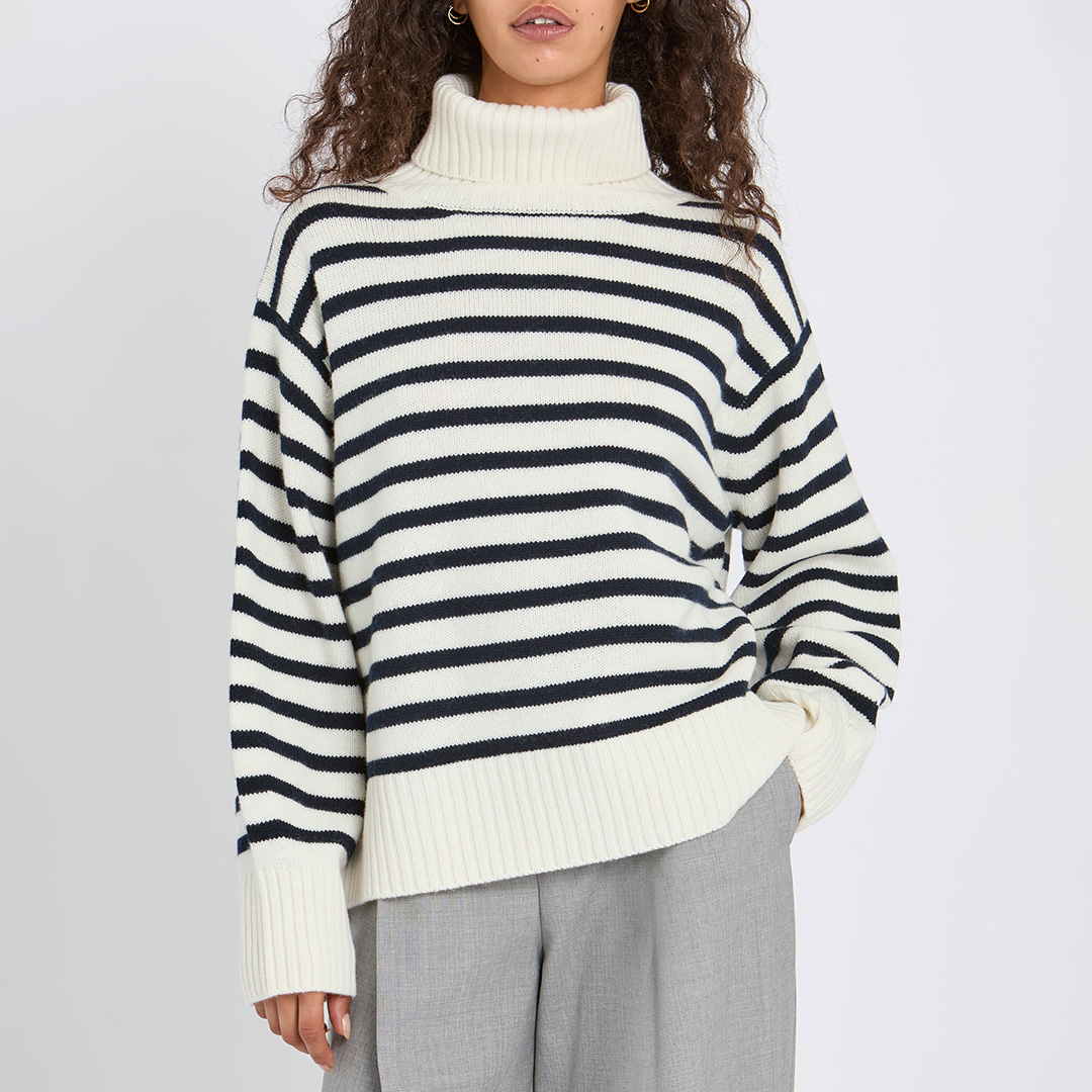 Cream/ Navy Stripe Wool Roll Neck Jumper Cream/ Navy Stripe Wool Roll Neck Jumper