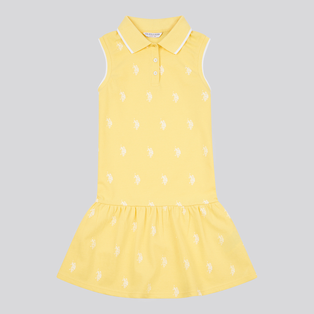 Yellow Sleeveless Frill Print Polo Dress
