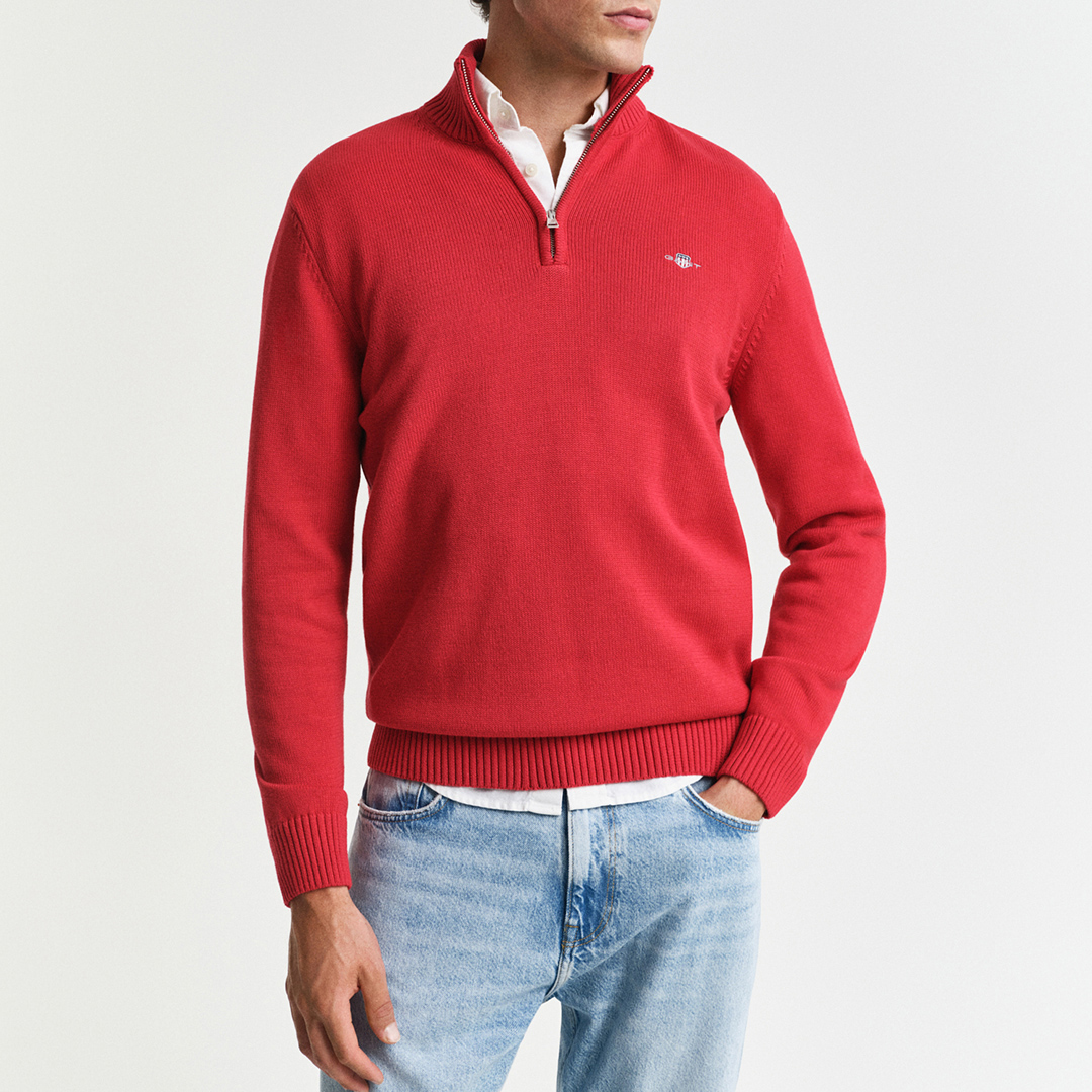 Bright Red Casual Cotton 1/2 Zip Jumper