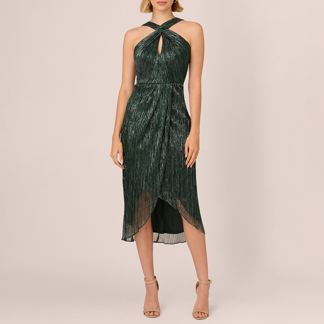 Green Halter Crinkle Metallic Dress