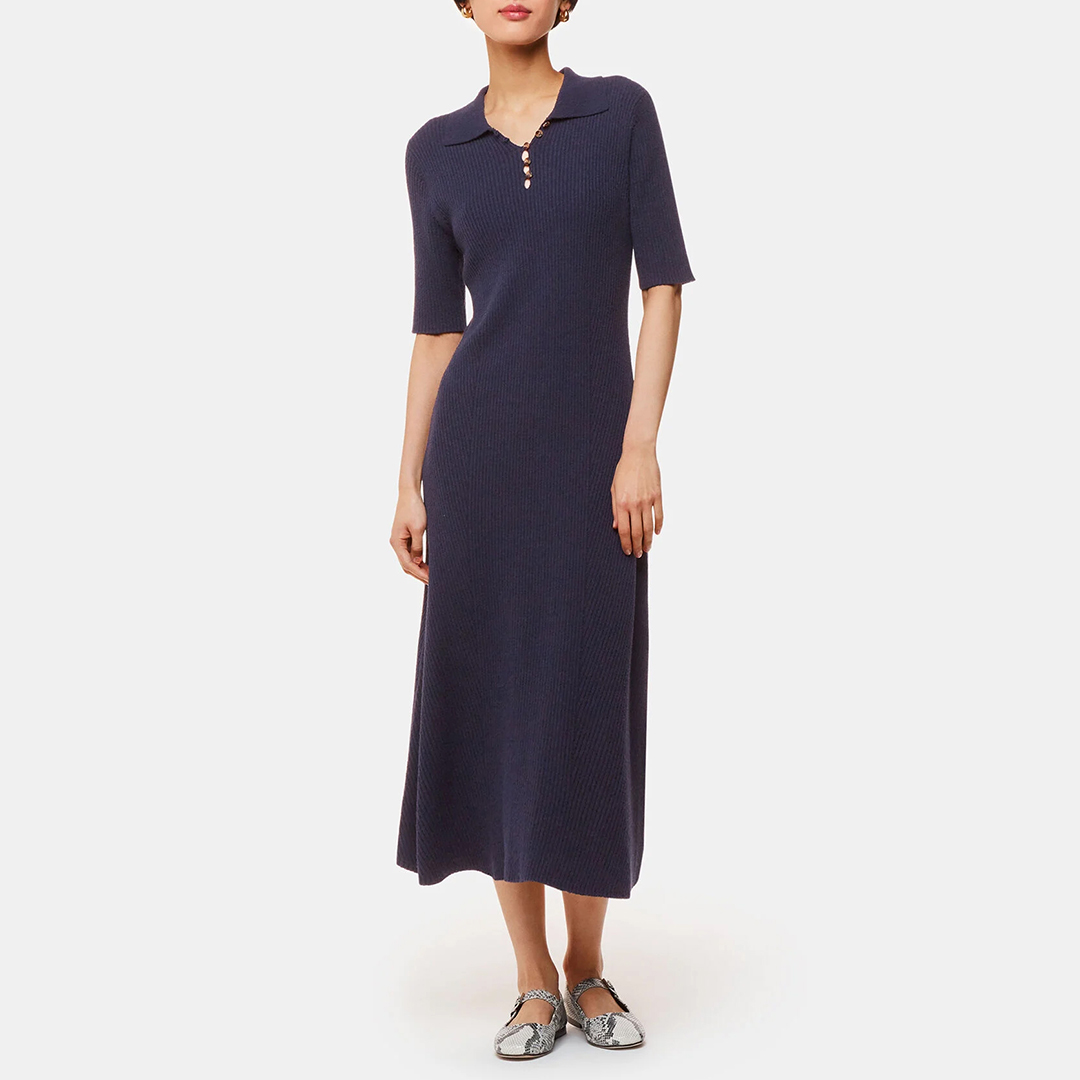 WHISTLES Women's   Navy Knitted Ribbed Midi Dress in Size XS, BrandAlley