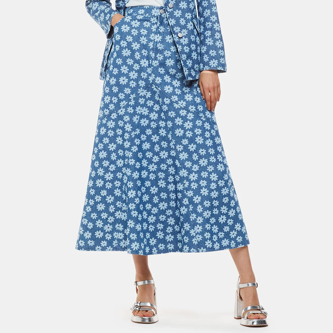WHISTLES Women's   Blue Graphic Daisy Denim Maxi Skirt in Size 18, BrandAlley