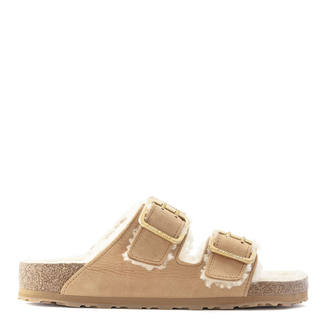 Unisex Cognac Arizona Bold Curly Shearling Lined Sandals
