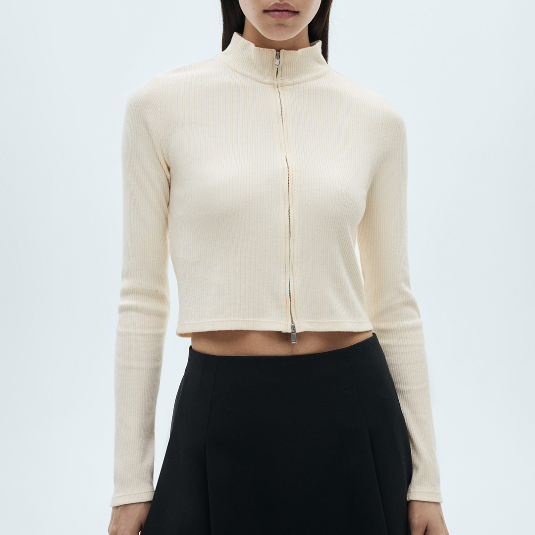 Ecru Zipped High Collar Cardigan