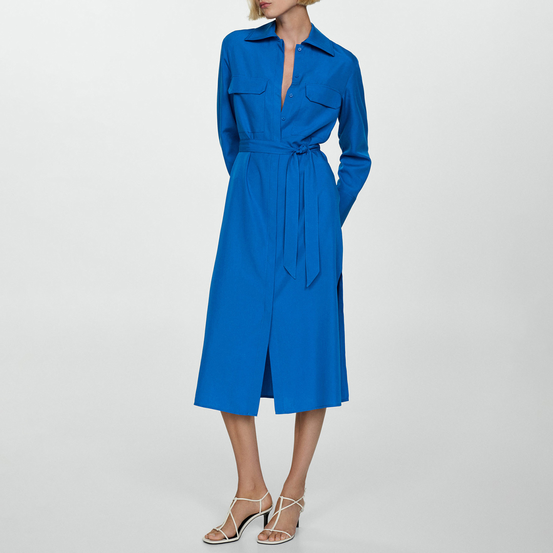 Blue Lyocell Shirt Dress With Bow