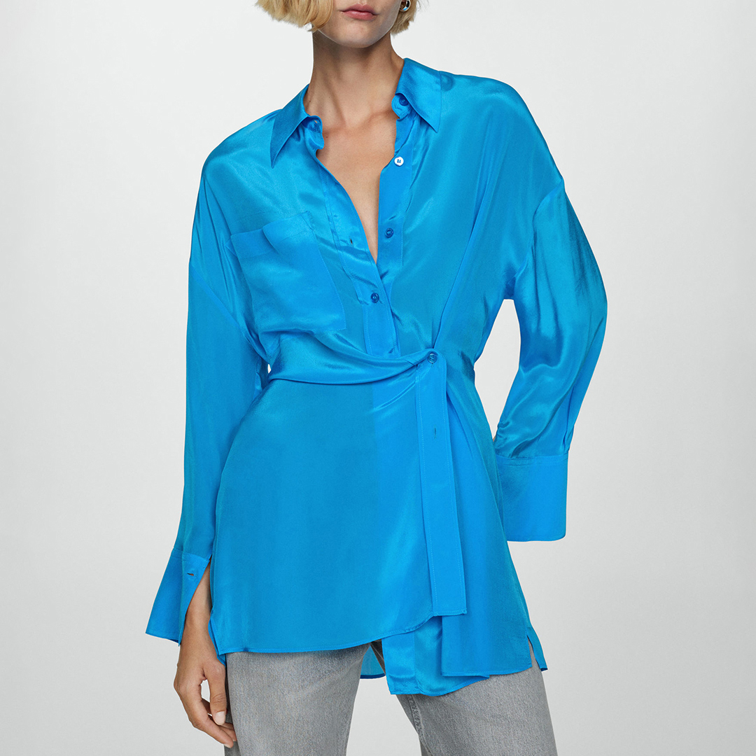 Mango Women's  Blue Long Satin Shirt With Asymmetrical Closure in Size M, BrandAlley