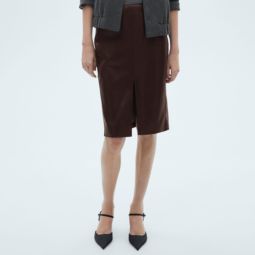 Wine Leather-Effect Pencil Skirt