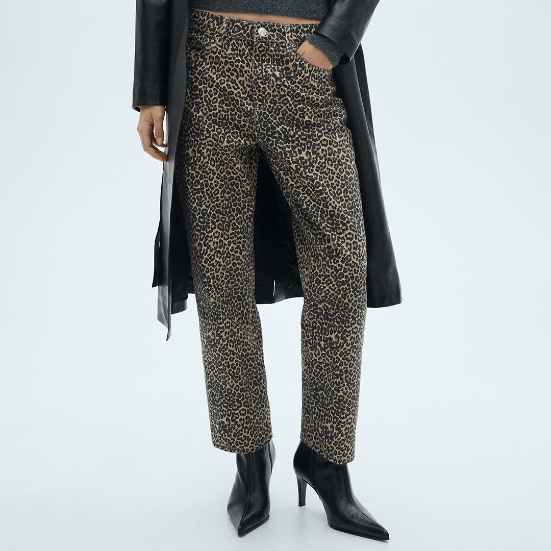 Brown Leopard-Print Straight Jeans