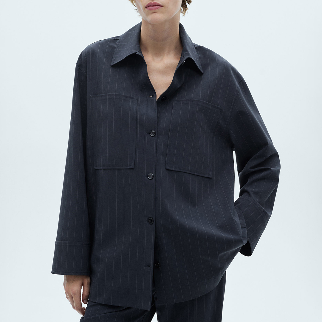 Mango Women's   Navy Pinstripe Overshirt in Size M, BrandAlley
