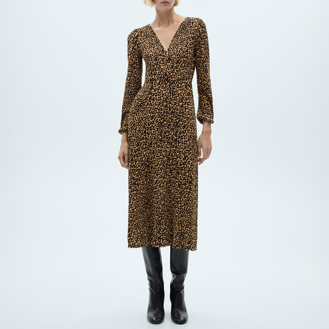 Brown Lin Leopard Print Midi Dress