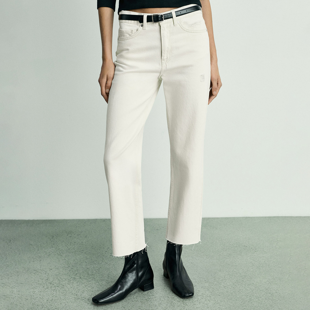 Mango Cream Blanca Cotton Straight Leg Cropped Jeans - Size 36
