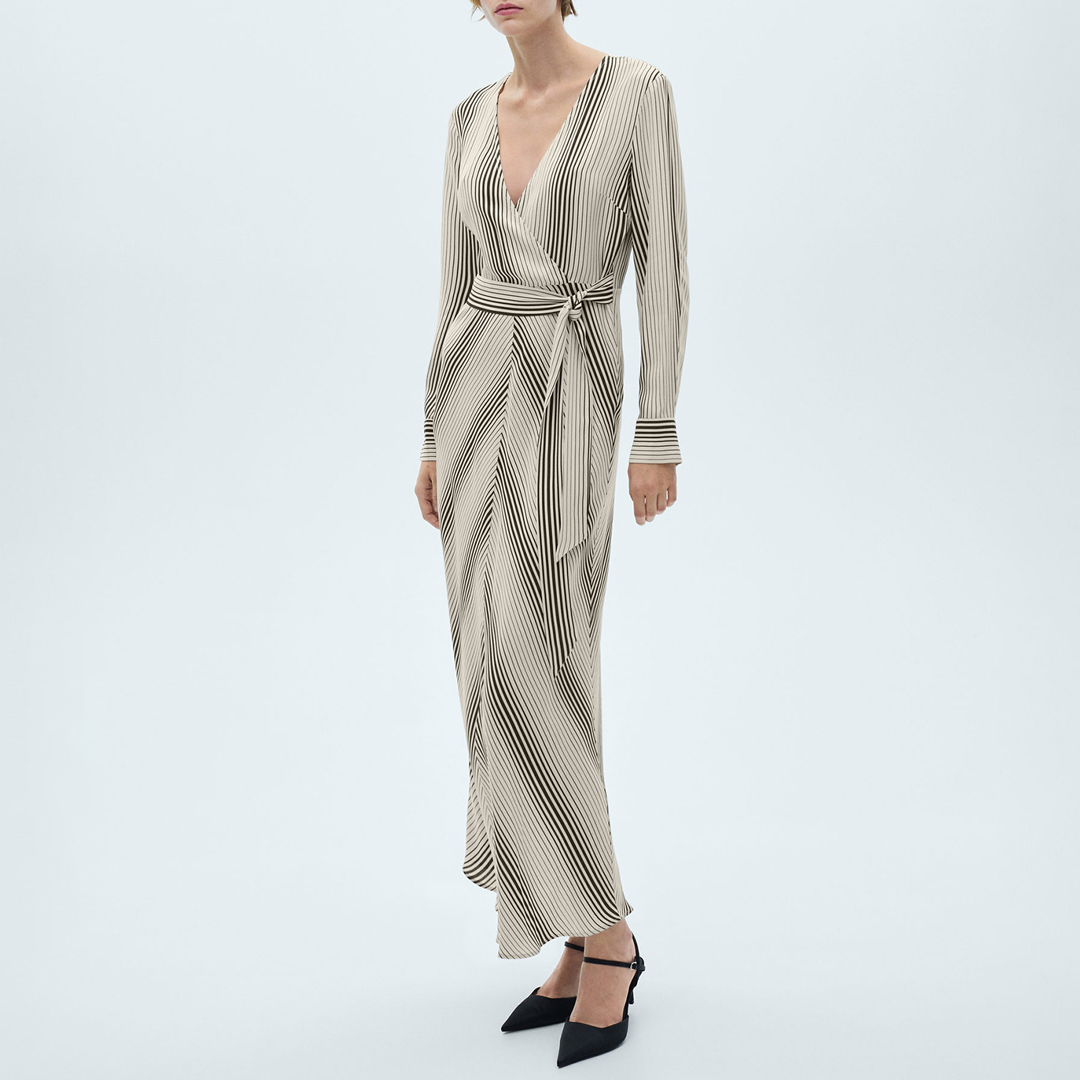 Mango Women's   Beige Ecru Stripe-Print Dress With Bow in Size XS, BrandAlley
