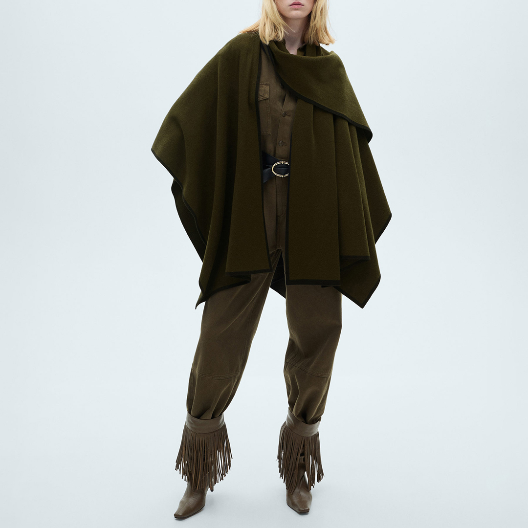 Mango Women's  Green Knitted Cape With Contrasting Trim in Size 1.78, BrandAlley