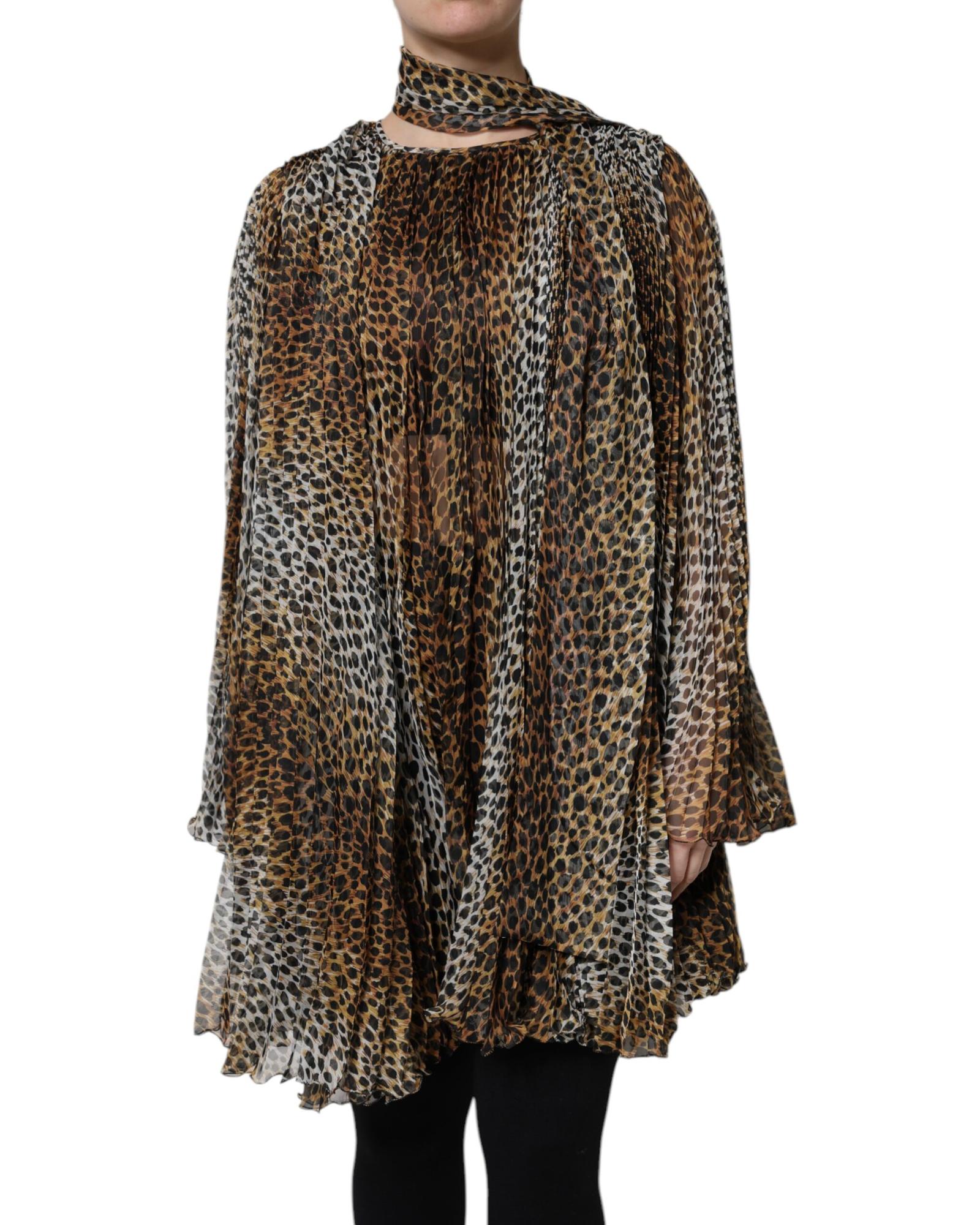Leopard Print Pleated Mini Dress Wo - Brown Dresses
