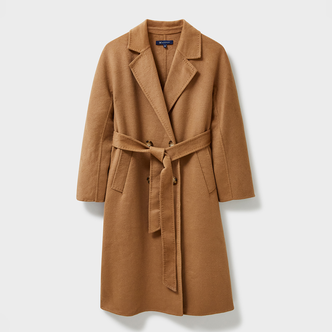 Camel Double Breasted Belted Wool Blend Coat
