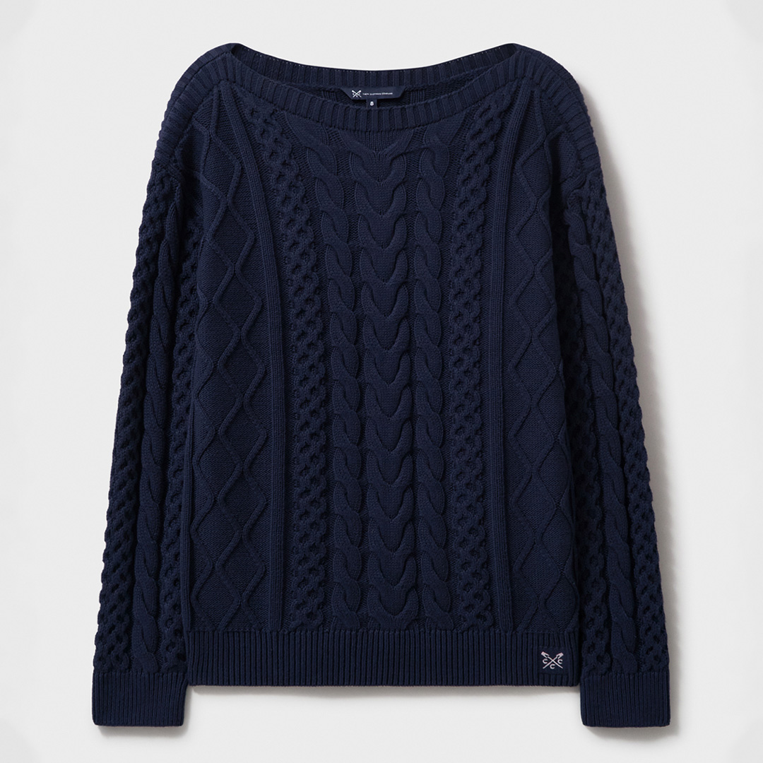 Navy Merino Wool Blend Cable Knit Jumper