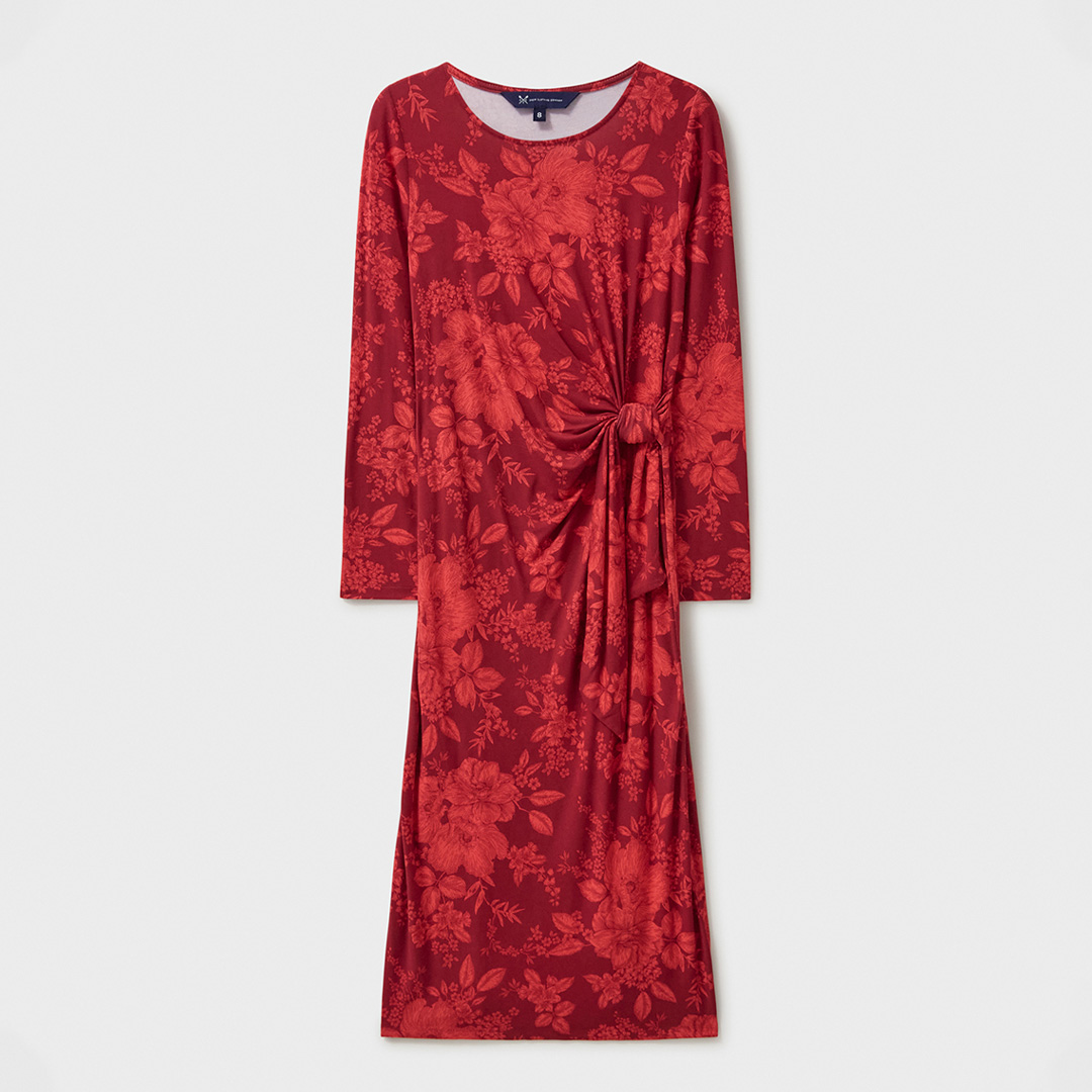 Red Floral Satin Tie Front Dress