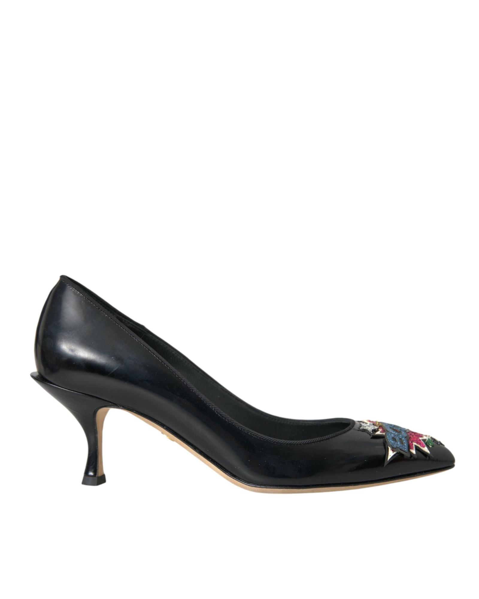 Patent Leather Pumps Embellished Heels Wo - Black