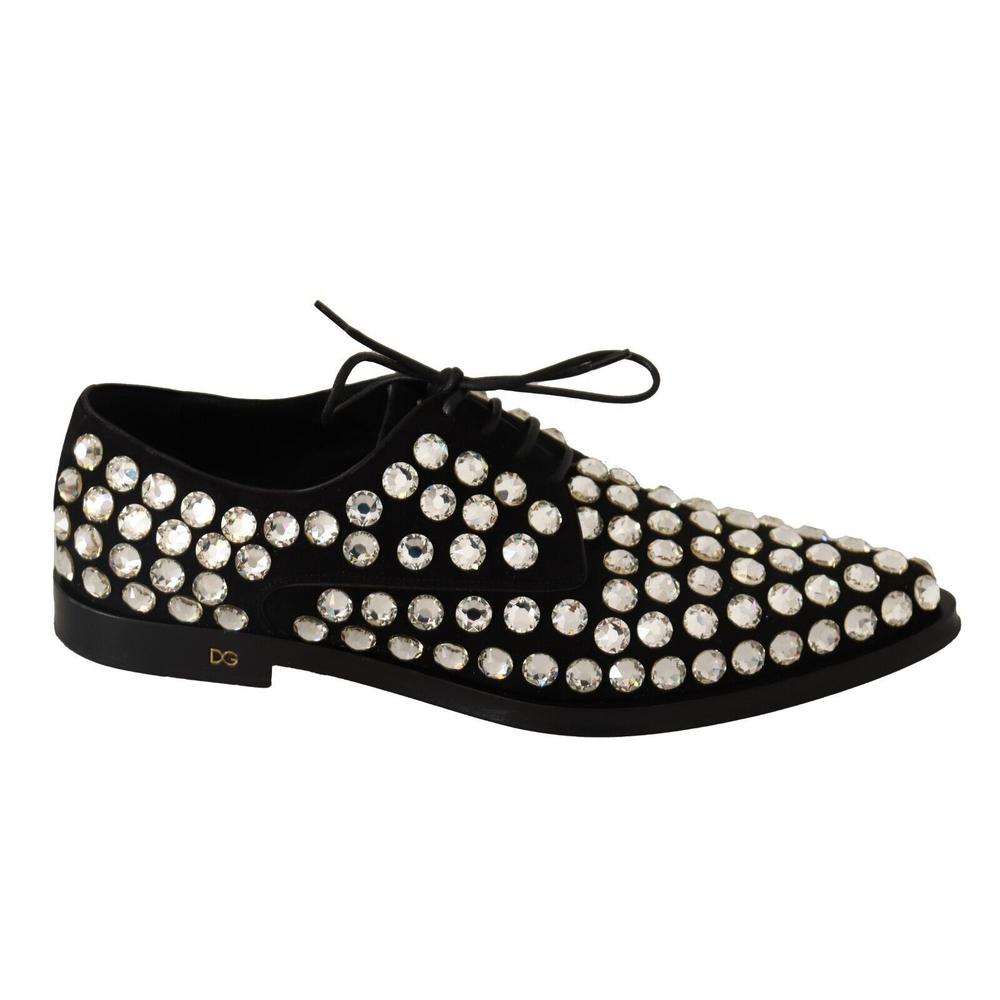 Elegant Crystal-Embellished Lace-Up Leather Flats Wo - Black Flat