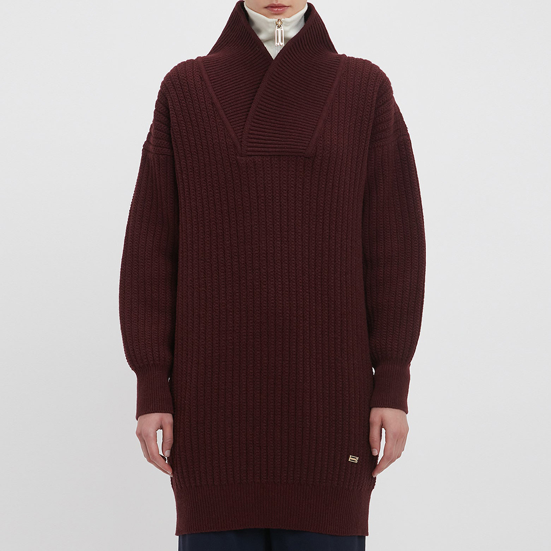Burgundy Wool Shawl Neck Knitted Jumper Dress