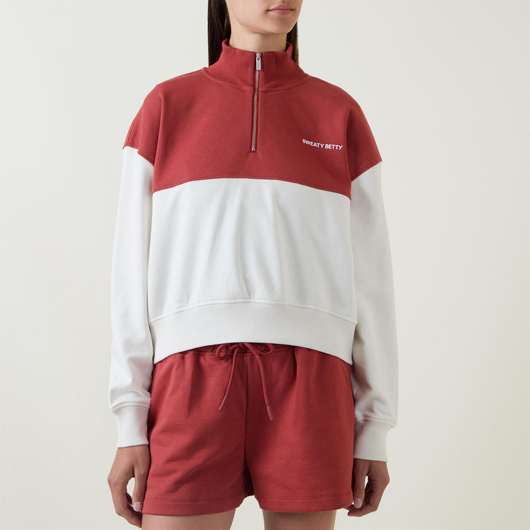 Sweaty Betty Women's  Ember Red-Lily White Revive Crop Half Zip in Size L/XL, BrandAlley