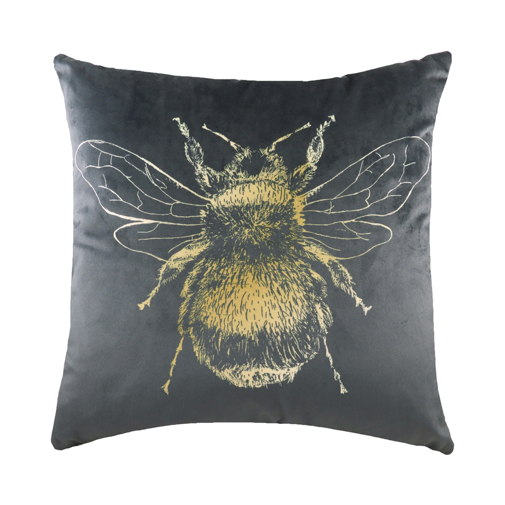 Evans Lichfield    Grey Gold Bee Velvet 43 X 43Cm Feather Cushion in Size 43, BrandAlley